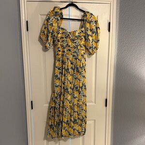Abercrombie & Fitch Yellow Floral Puff-Sleeve Midi Dress
